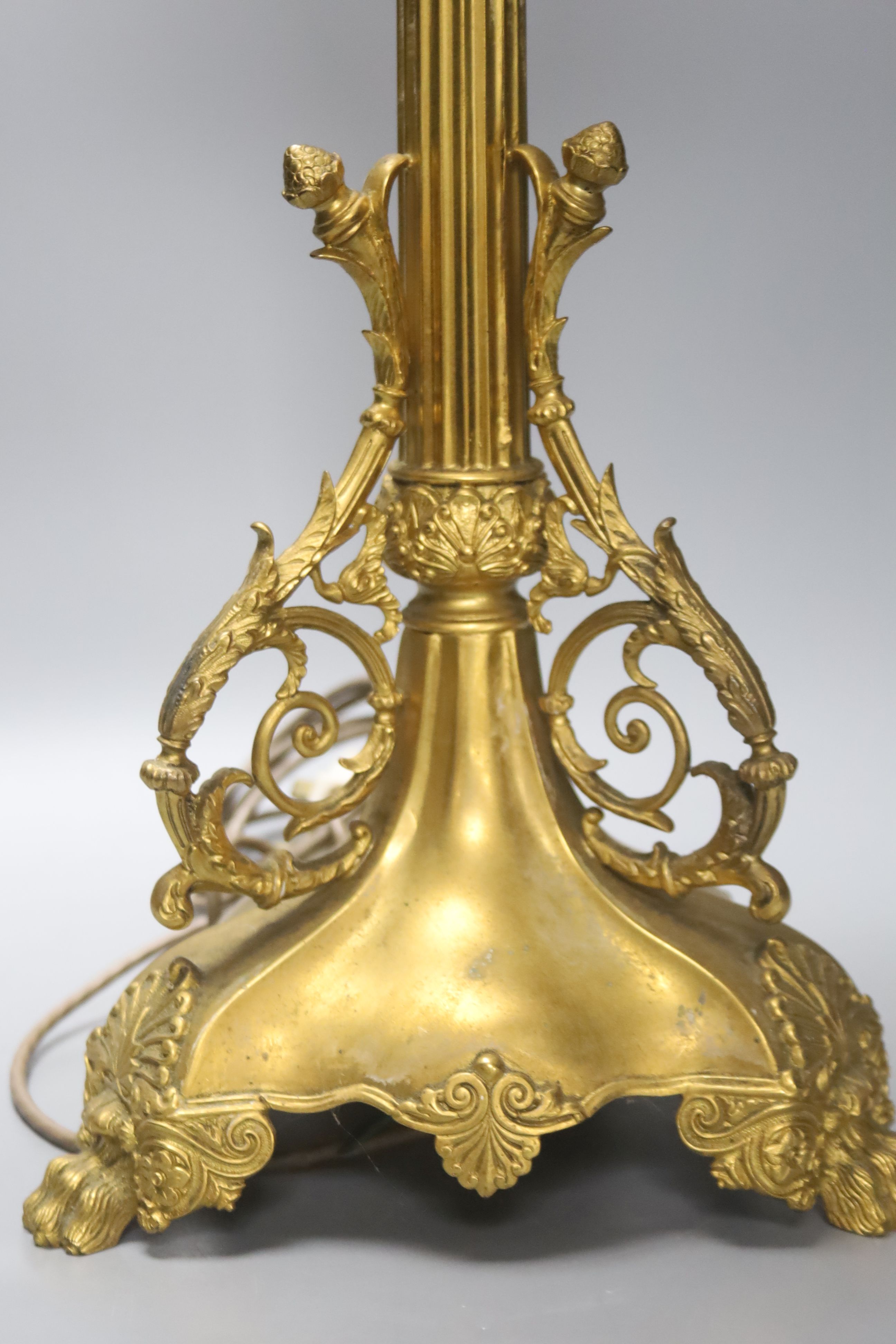 An ornate brass and glass table lamp, overall height 60cm